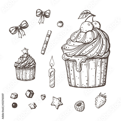 Vector image of drawn cakes with a fluffy hat of whipped cream, with stars and cherries surrounded by bows, berries and candles