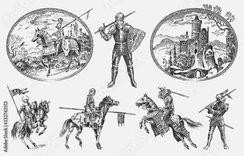 Medieval armed knight in armor and on a horse. Historical ancient military characters set. Cavalier with a spear and a flag. Ancient fighters. Vintage vector sketch. Engraved hand drawn illustration.