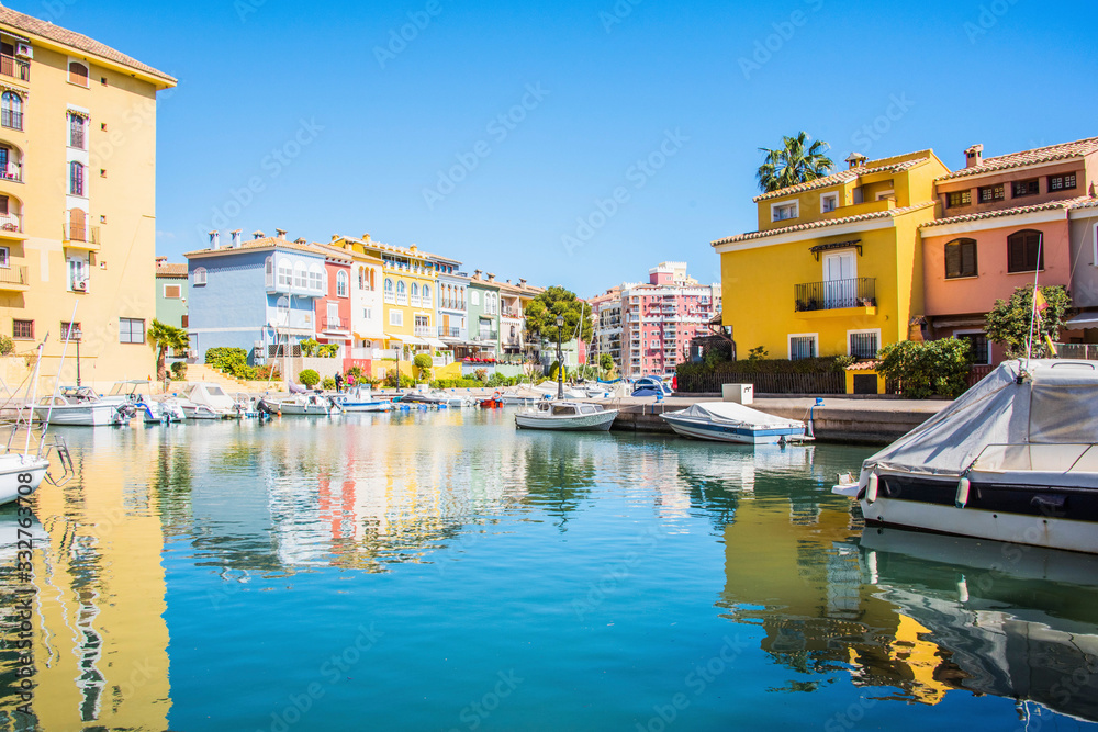 Port Sa Playa, Valencia, Spain - 3/19/2019: Bright sunny day photo looking at Port Saplaya, Valencia's Little Venice