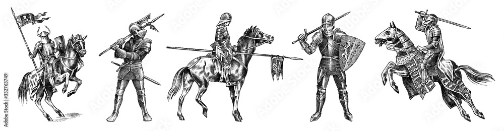 Medieval armed knight in armor and on a horse. Historical ancient military characters set. Prince with a spear and a flag. Ancient fighters. Vintage vector sketch. Engraved hand drawn illustration.