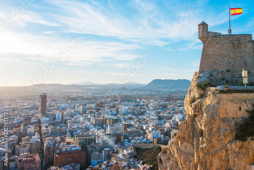 Valencia, Alicante Santa Barbara castle with panoramic aerial view at the famous touristic city in Costa Blanca, Spain photo