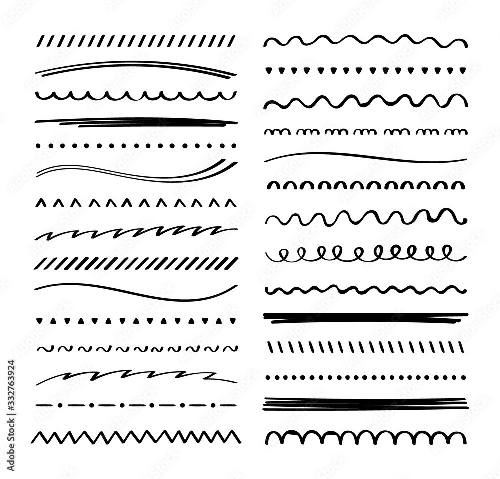 Hand drawn collection set of underline strokes in marker brush doodle style. Doodle design elements. Vector graphic design