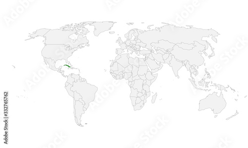 Cuba location highlighted on world political map. Light gray background. Perfect for backgrounds, business concepts, backdrop, banner, label, sticker, chart, and wallpapers.