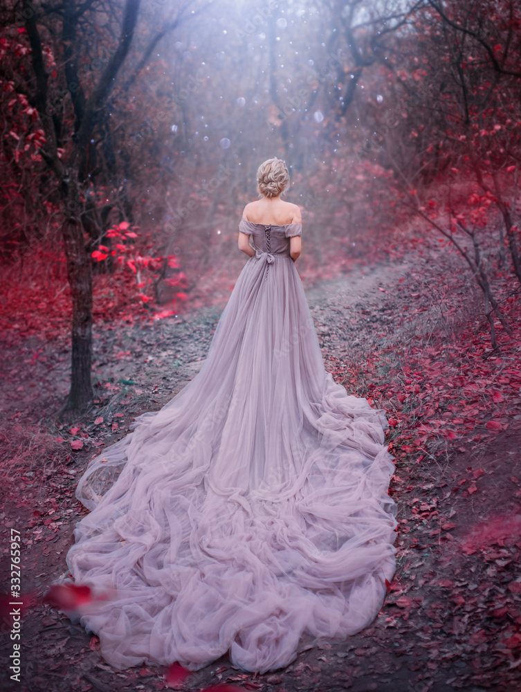 Foto Stock Silhouette woman queen walk in Autumn forest magic trees red  leaves. Elegant blonde princess. Royal Medieval clothes vintage evening  purple dress long train bare back. backdrop blue shiny mystic fog