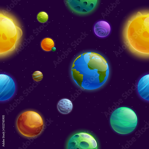 seamless background with planets cartoon planets and stars, vector illustration