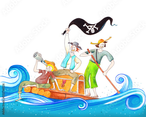 Fotografia Handmade illustration with friends on a raft playing pirates, tom sawyer huckleb
