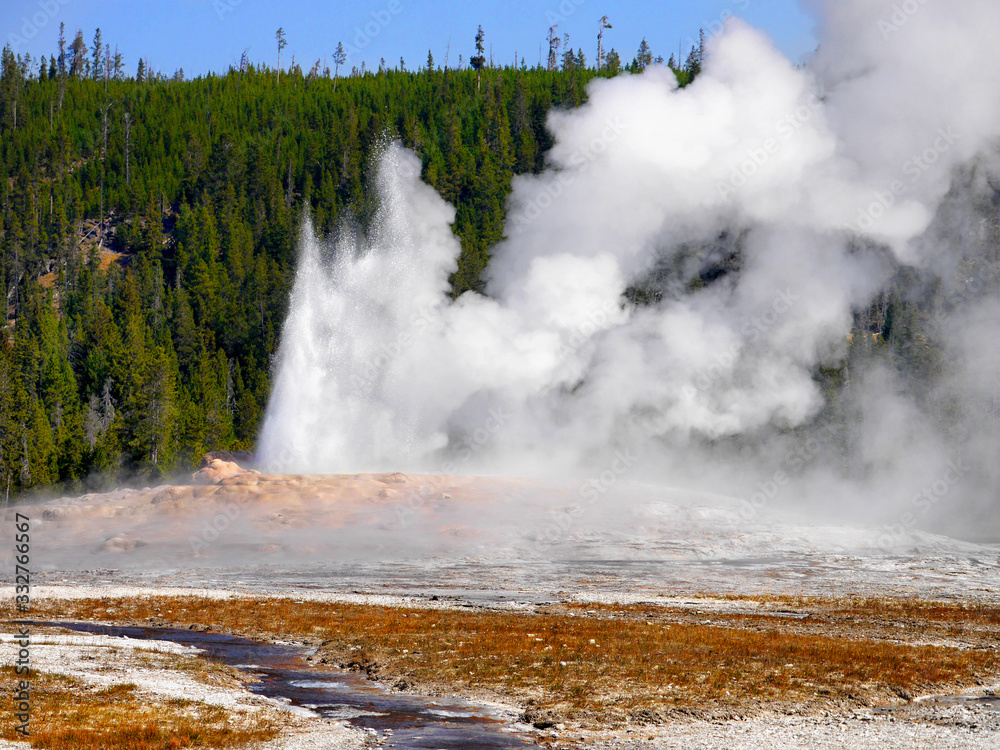 Geyser eruption in Yellowstone National Park USA