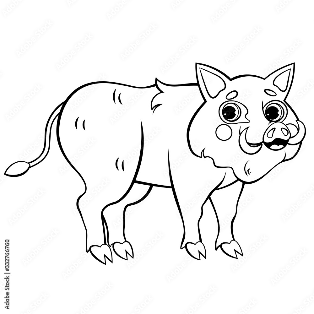 Naklejka premium Cute cartoon wild boar vector coloring page outline. Happy hog. Coloring book of forest animals for kids. Isolated on white background