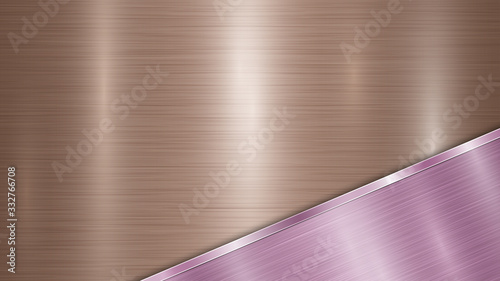Background consisting of a bronze shiny metallic surface and one polished purple plate located in corner, with a metal texture, glares and burnished edge