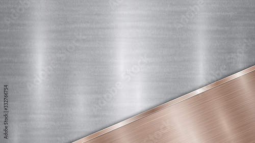 Background consisting of a silver shiny metallic surface and one polished bronze plate located in corner, with a metal texture, glares and burnished edge