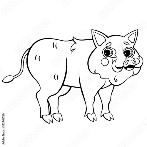 Cute cartoon wild boar vector coloring page outline. Happy hog. Coloring book of forest animals for kids. Isolated on white background