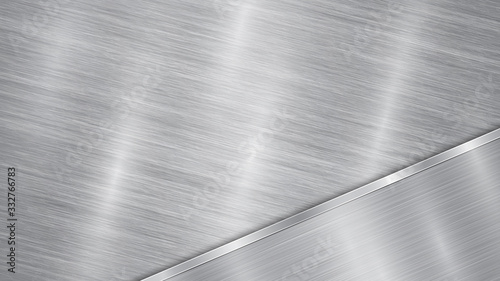 Background in silver and gray colors, consisting of a shiny metallic surface and one polished plate located in diagonal, with a metal texture, glares and burnished edge