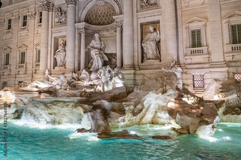 Fountain of Trevi by night - most famous Rome fountains in the world. Italy.