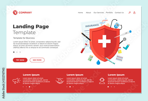 Medical insurance or immune system concept landing page design template. Red shield on patient protection policy with medicine pharmacy drugs and preparations. Vector medical website eps illustration
