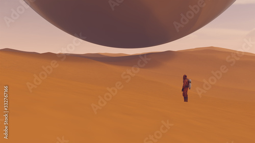 Large Alien Silver Sphere Floating above Desert Sand Dunes with People in Hazmat Suits Observing it 3d illustration  