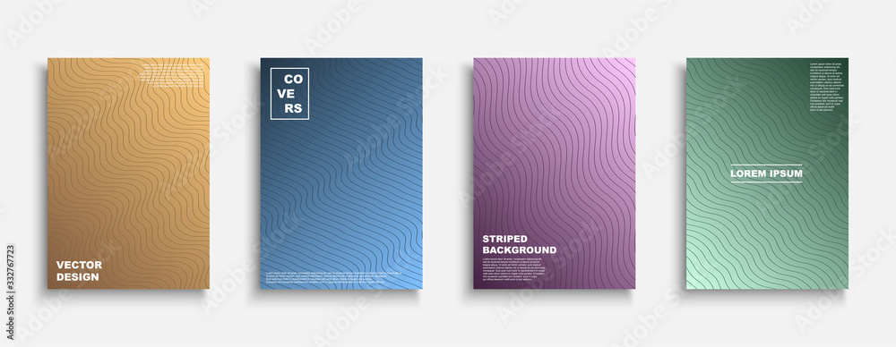 Trendy colorful brochure set with wavy lines, vector minimalistic design - fashion retro style. Creative striped posters, banners, templates, cards, covers