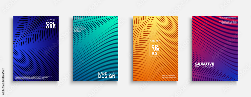 Bright colorful creative covers, templates, posters, placards, brochures, banners, flyers and etc. Striped geometric halftone backgrounds with gradient. Digital vibrant tredny design