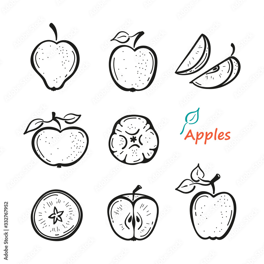 Apple Fruit Vector Set. Hand Drawn Doodle Apples with Leaves and Apple Slices. Black and White Fruits. Healthy Summer Food Collection Apple Fruit Vector Set. Hand Drawn Doodle Apples with Leaves and Apple Slices. Black and White Fruits. Healthy Summer Food Collection