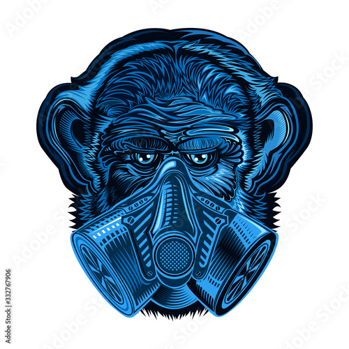 Blue monkey with gas mask on face in engraving style.