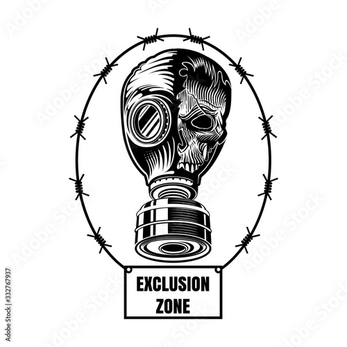 Broken gas mask of USSR period with skull from one side, in center of oval barbed wire