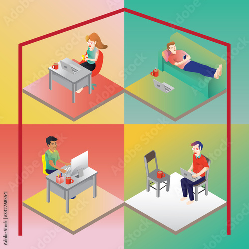 Coronavirus Pandemic CoVID-19 and home work concept. Remote work during quarantine. Vector illustration people, man and woman, working on computers and laptops at home. Vector flat style for design.