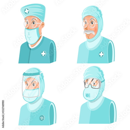 Four doctors or scientists clothed in different chemical or virus protection suit and masks