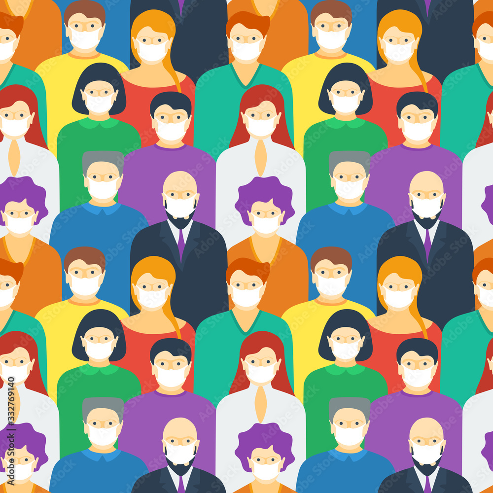Different human crowd in white medical protective face masks protecting airborne virus infection. Coronavirus epidemic quarantine concept seamless flat vector illustration pattern Different human crowd in white medical protective face masks protecting airborne virus infection. Coronavirus epidemic quarantine concept seamless flat vector illustration pattern