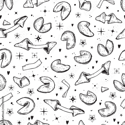 Food Vector background. Sweet Pastries Seamless pattern. Hand drawn Chinese fortune cookies and crushed Fortune cookie with blank note inside