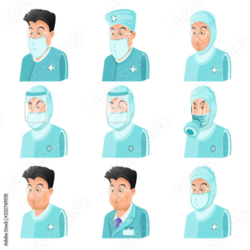 Set of chinese doctors or scientists clothed in different chemical or virus protection suit, masks and gas masks