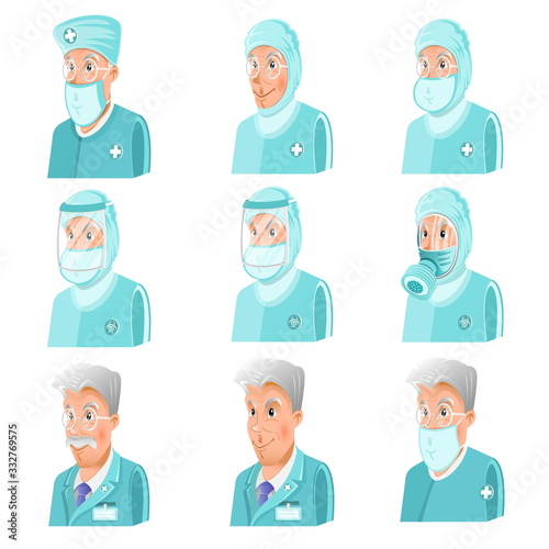 Set of doctors or scientists clothed in different chemical or virus protection suit, masks and gas masks