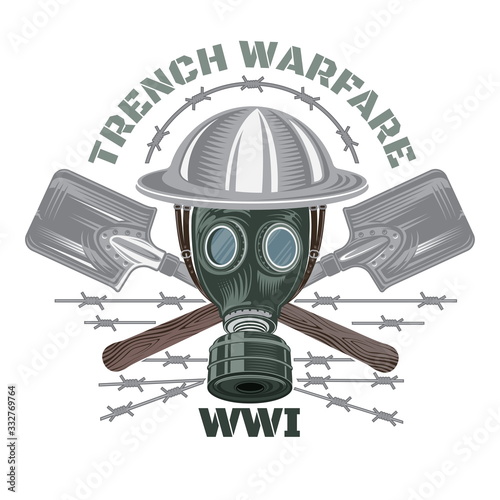 Trench warfare. Gas mask and military helmet with crossed trench showels. Color illustratione