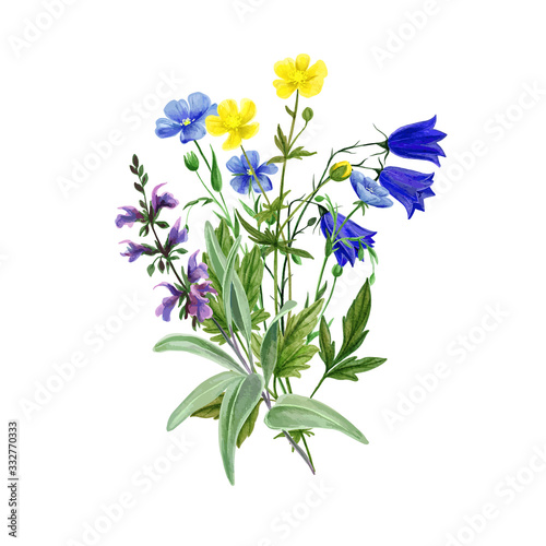 Wild field flowers bouquet with linum and sage