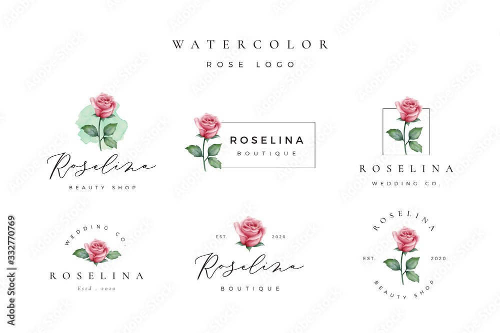 Beautiful watercolor rose logo - obrazy, fototapety, plakaty 