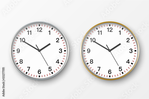 Vector 3d Realistic Simple Round Silver and Gold Wall Office Clock with White Dial Icon Set Closeup Isolated on White Background. Design Template, Mock-up for Branding, Advertise. Front or Top View