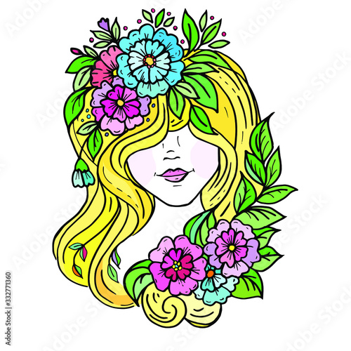 Doodle print girl's face with hair and flowers