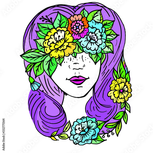 Doodle print a girl's face hidden by hair and flowers