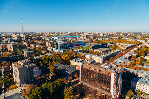 Sunny golden autumn Voronezh. Aerial view from skyscraper roof heigh