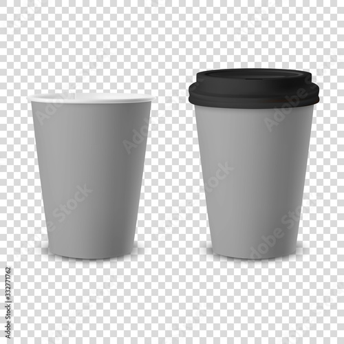 Vector 3d Realistic Gray Disposable Opened and Closed with Black Lid Paper, Plastic Coffee Cup for Drinks Icon Set Closeup Isolated on Transparent Background. Design Template, Mockup. Front View