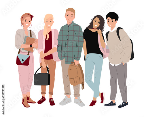 Group happy students with books, backpacks and bags on isolated background. Smiling school friends or students, teenage boys and girls, stand upright in flat style. Colorful vector illustration.