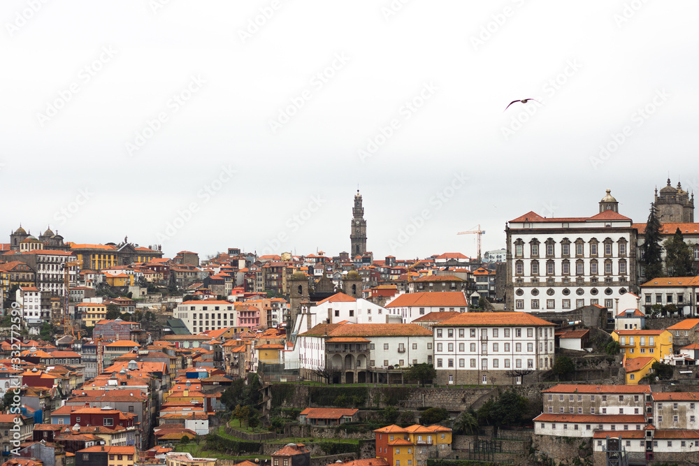 panoramic view of the city of Porto Portugal from vila nova de gaia on a cloudy day
