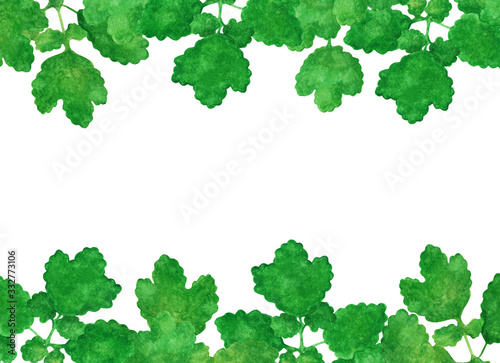 Watercolor illustration with simple green twigs. On a white background  isolated  with stains  children s drawing  frame  space for text.