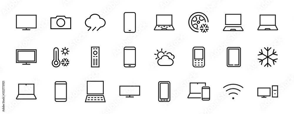 set of smart devices and gadgets, computer hardware and electronics. Electronic device icons for web and mobile vector lines. Editable stroke. 480x480 pixels set of smart devices and gadgets, computer hardware and electronics. Electronic device icons for web and mobile vector lines. Editable stroke. 480x480 pixels