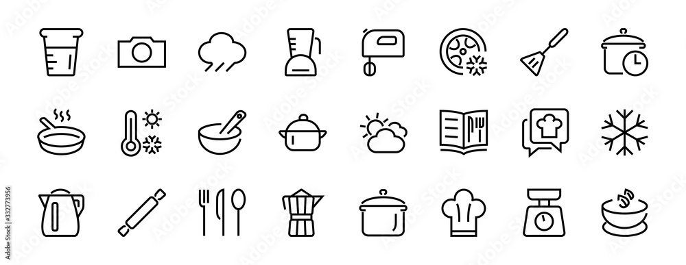 Set of icons for cooking and kitchen, vector lines, contains icons such as a knife, saucepan, boiling time, mixer, scales, recipe book. Editable stroke, perfect 480x480 pixels, white background - obrazy, fototapety, plakaty 