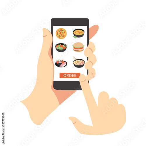 Online food delivery business. Hands holding smart phone and choosing restaurant for lunch. Vector flat cartoon illustration