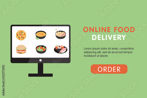Online food delivery banner design. Order food online using computer. Screen with restaurant's list. Vector flat cartoon illustration