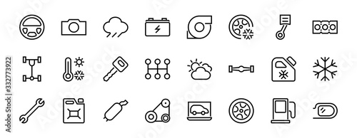 A simple set of car services related vector line icons. Contains icons such as oil, diagnostics, turbine, steering wheel, chassis, gearbox and much more. Editable move. 480x480 On a white background