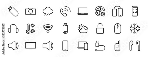 A set of smart devices and gadgets, computer hardware and electronics. Electronic devices icons for web and mobile vector lines. computer, telephone. Editable stroke. 48x48 pixels
