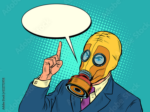 Politician businessman in a gas mask, protective mask epidemic quarantine