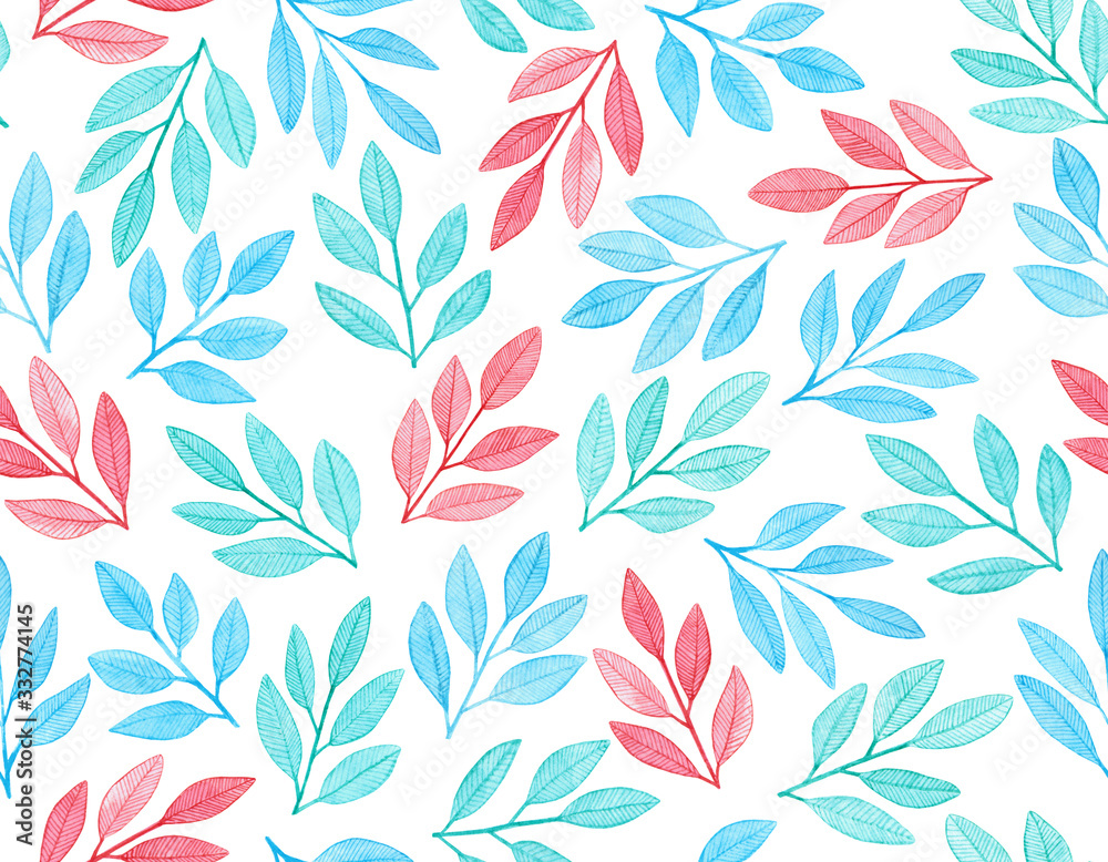 Watercolor illustration. Seamless pattern with delicate red and blue twigs. For textiles, design, cover, poster, greeting card.