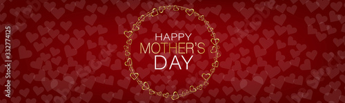 Mothers Day banner, website or newsletter header. Golden hearts circular garland on red background. Vector illustration.